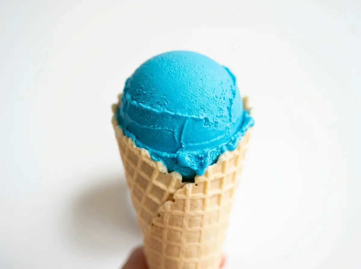 The Best Blue Raspberry Ice Cream Recipe (No Machine Needed) 5 A scoop of homemade no-churn blue raspberry ice cream in a waffle cone showing vivid electric blue color and creamy texture