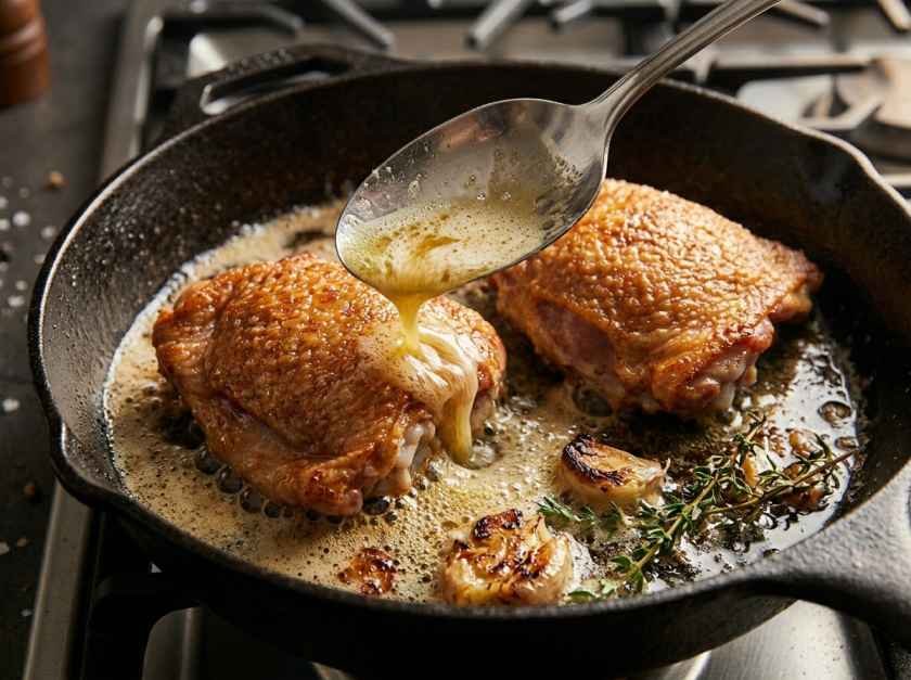 Pan Seared Chicken Thighs (Crispy Skin, Juicy Inside, One Skillet) 7 Spooning foaming garlic herb butter over crispy pan seared chicken thighs in a cast iron skillet