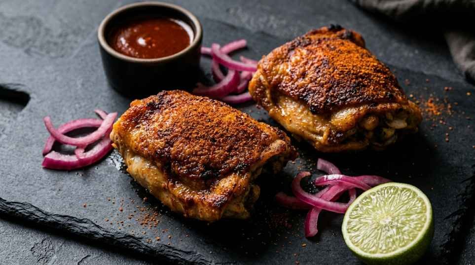 Pan Seared Chicken Thighs (Crispy Skin, Juicy Inside, One Skillet) 10 Spicy Cajun pan seared chicken thighs with red seasoning crust served on a slate board with hot sauce