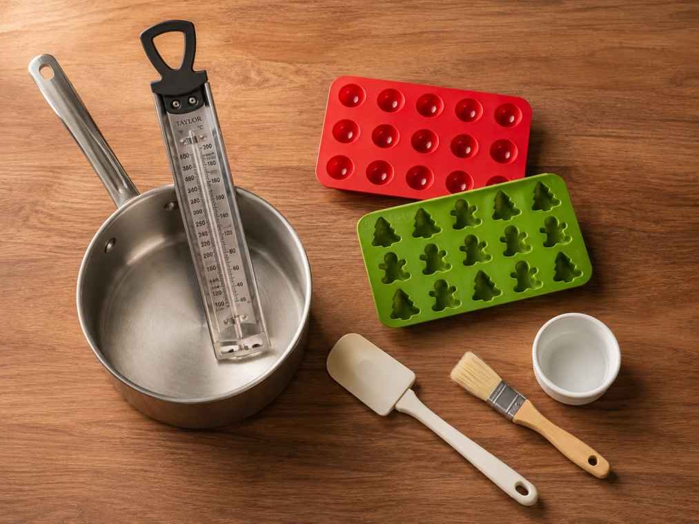 candy thermometer and tools for making THC hard candy on a wooden counter