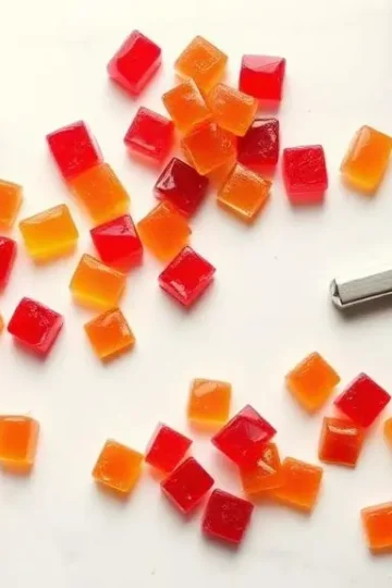 cannabutter hard candy recipe, hard candy pieces on white marble with candy thermometer