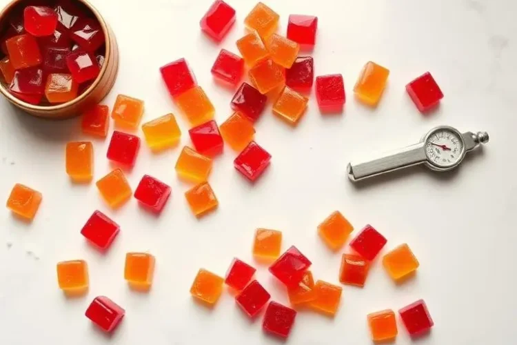 cannabutter hard candy recipe, hard candy pieces on white marble with candy thermometer