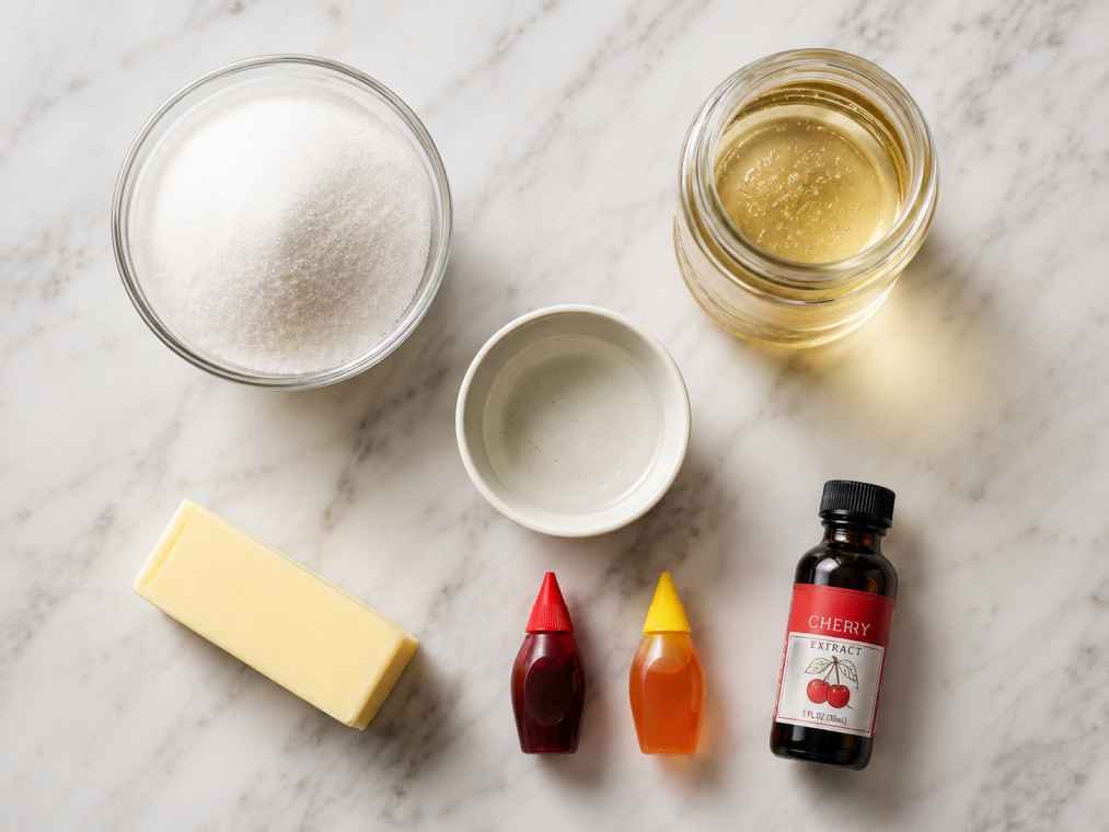 cannabutter hard candy recipe ingredients laid out on marble