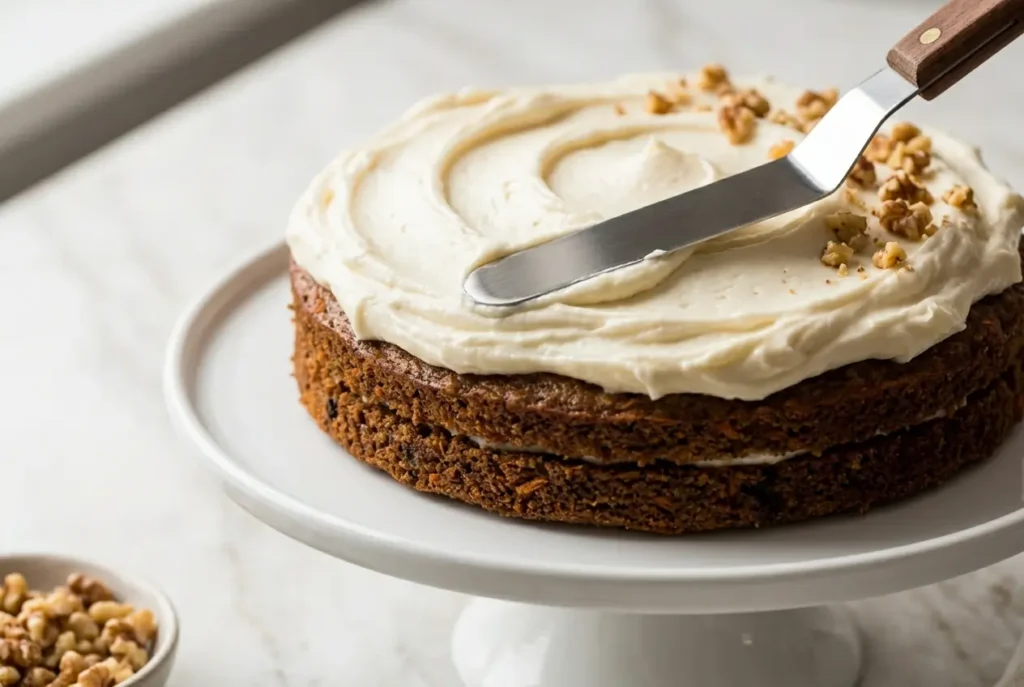 Lloyd Carrot Cake Recipe: Moist, Bakery-Style & Perfect Every Time 10 Thick cream cheese frosting being spread on a layered carrot cake with an offset spatula, showing the dense creamy texture of full-fat cream cheese frosting
