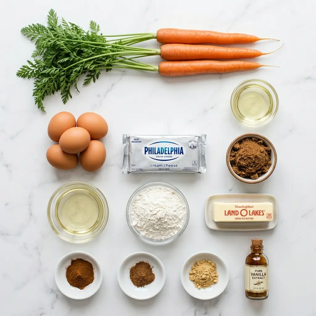 Lloyd Carrot Cake Recipe: Moist, Bakery-Style & Perfect Every Time 4 All ingredients for carrot cake from scratch laid out overhead including fresh carrots, cream cheese, brown sugar, spices, and eggs on a marble surface