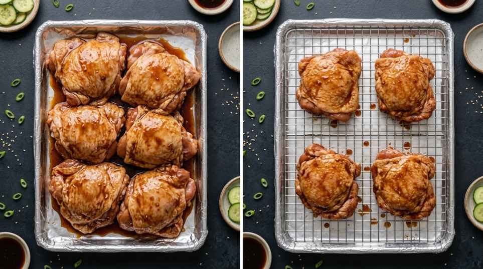Comparison of wrong vs right oven setup for char siu chicken showing overcrowded flat tray versus properly spaced wire rack
