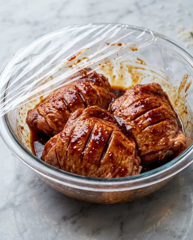 Scored raw chicken thighs coated in deep reddish-brown char siu marinade in a glass bowl ready to refrigerate overnight