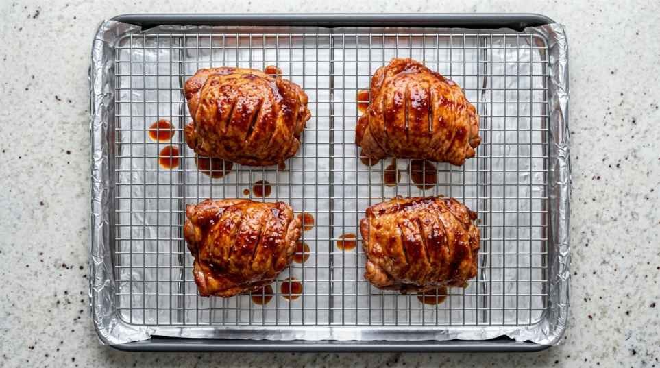 Char siu marinated chicken thighs arranged skin-side up on wire rack over foil-lined baking sheet ready for oven roasting
