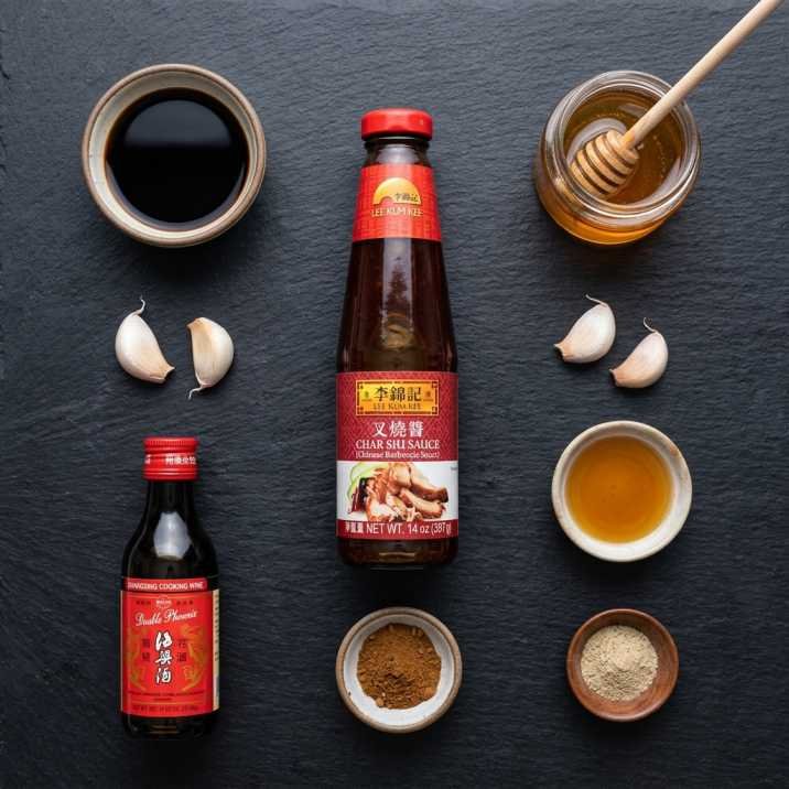 Char siu marinade ingredients including Lee Kum Kee char siu sauce, honey, soy sauce, garlic, and Chinese five spice