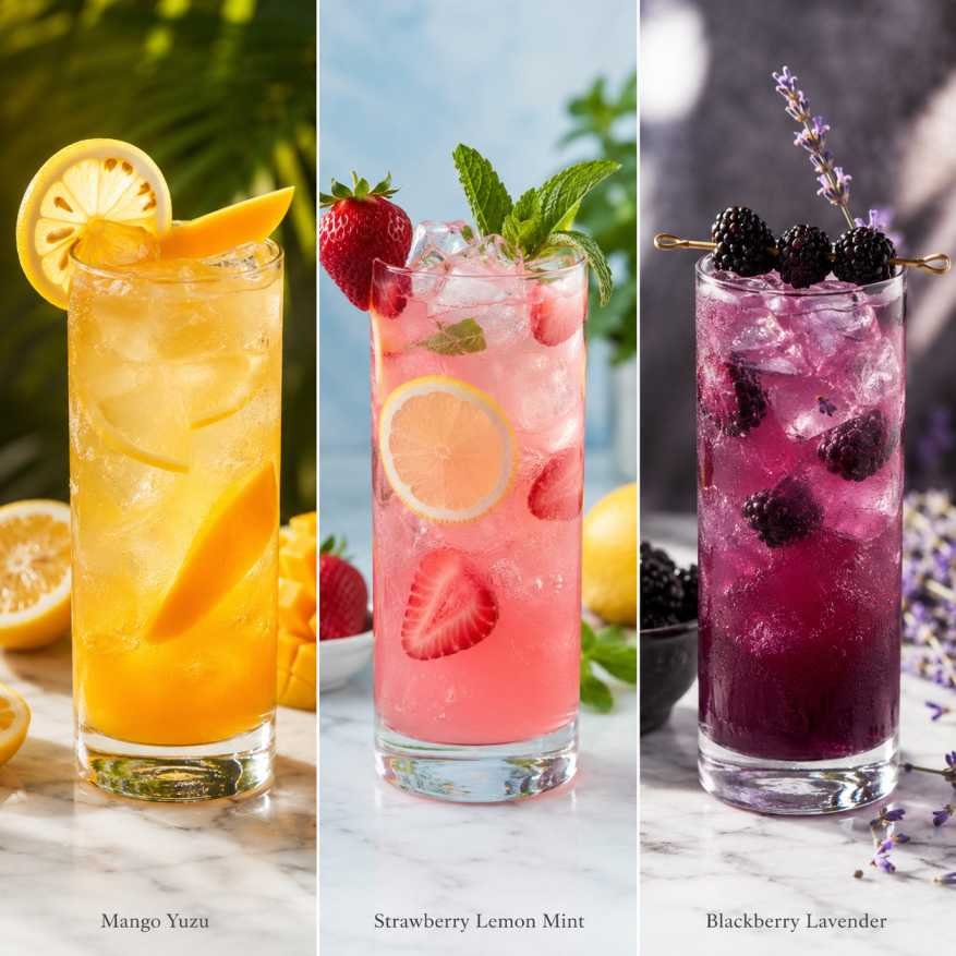 Panera Charged Lemonade Recipe: How I Finally Made a Safer, Better Version at Home 13 Three homemade charged lemonade recipe flavor variations side by side — mango yuzu citrus, strawberry lemon mint, and blackberry lavender