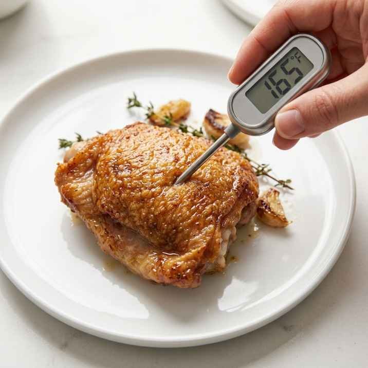 Pan Seared Chicken Thighs (Crispy Skin, Juicy Inside, One Skillet) 14 Instant-read meat thermometer inserted in cooked chicken thigh displaying 165 degrees Fahrenheit