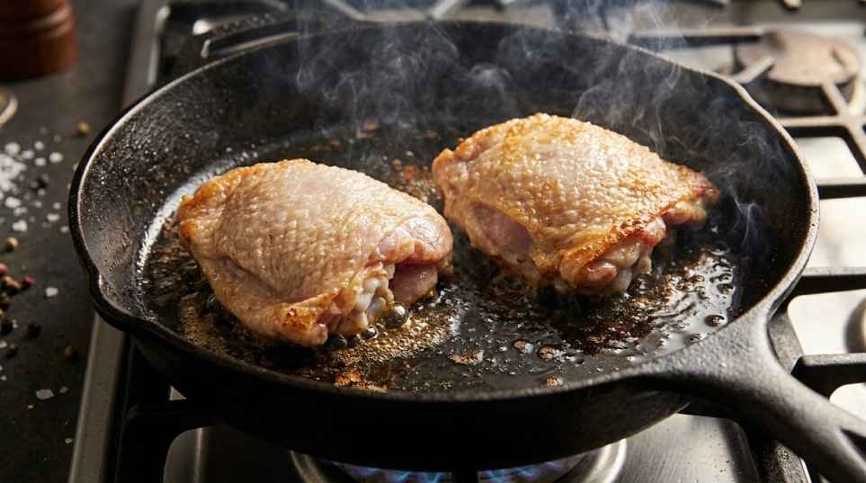 Pan Seared Chicken Thighs (Crispy Skin, Juicy Inside, One Skillet) 6 Bone-in chicken thighs searing skin-side down in a cast iron skillet with oil bubbling around the edges