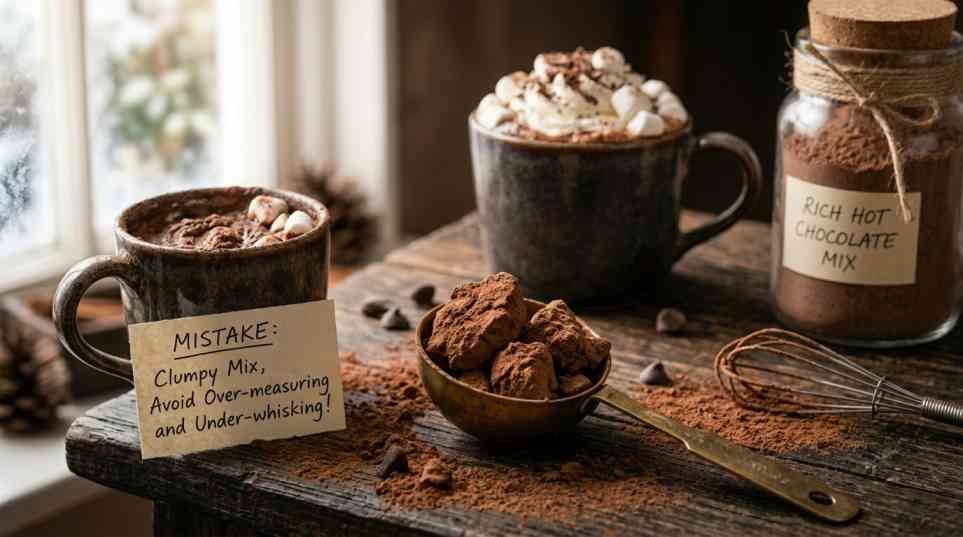 Homemade Hot Chocolate Powder (Better Than Store-Bought) 5 Common homemade hot chocolate powder mistakes including clumpy cocoa mix and uneven texture beside a smooth creamy mug