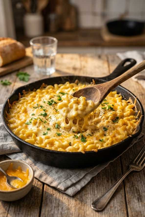 Creamy copycat, Texas Roadhouse mac and cheese recipe served in a cast iron skillet with melted cheddar on top