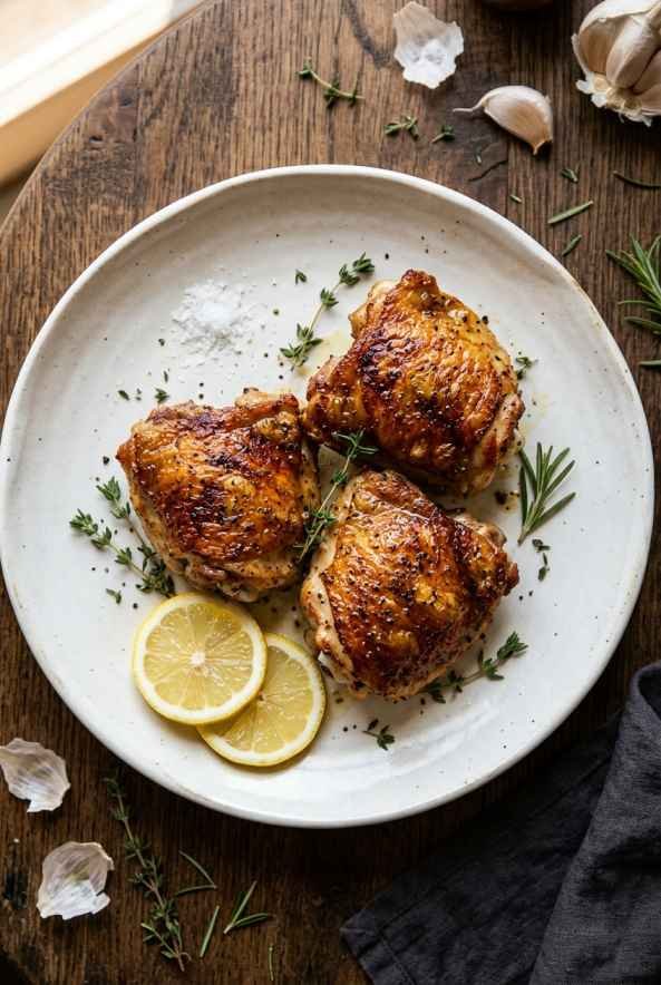 Pan Seared Chicken Thighs (Crispy Skin, Juicy Inside, One Skillet) 15 Crispy pan seared chicken thighs on a white ceramic plate with fresh thyme, rosemary, lemon slices, and flaky sea salt on a dark wood surface