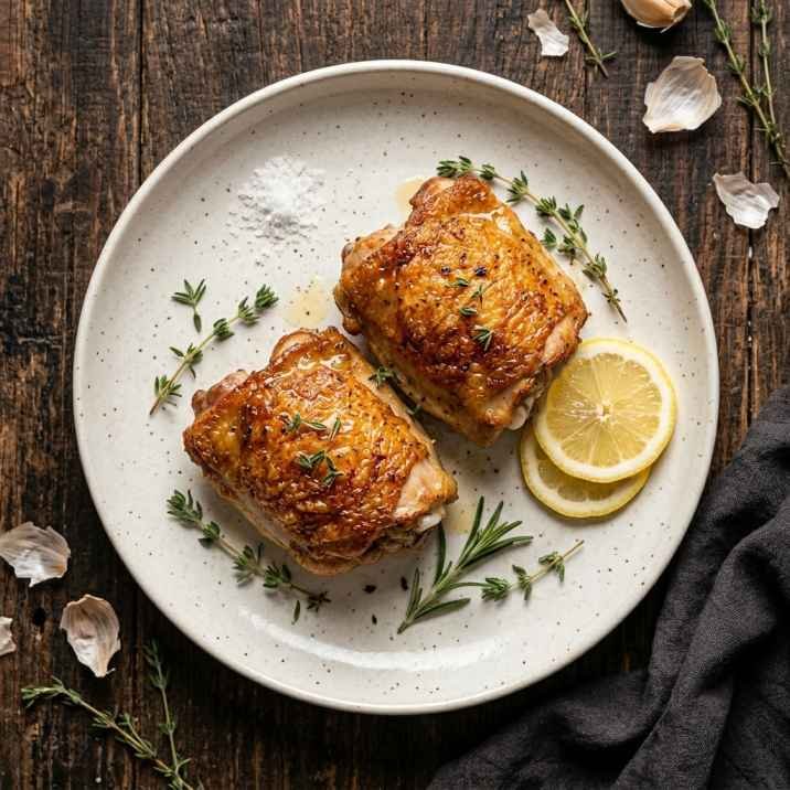 Pan Seared Chicken Thighs (Crispy Skin, Juicy Inside, One Skillet) 3 Crispy pan seared chicken thighs on a white ceramic plate with fresh thyme, lemon slices, and flaky sea salt on a dark wood surface