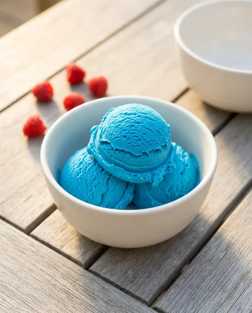 The Best Blue Raspberry Ice Cream Recipe (No Machine Needed) 12 Two scoops of easy homemade blue raspberry ice cream served in a white bowl as a summer dessert recipe, showing vivid blue color and creamy texture