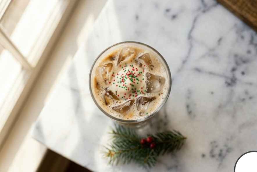 easy homemade iced sugar cookie latte recipe overhead view with holiday sprinkles