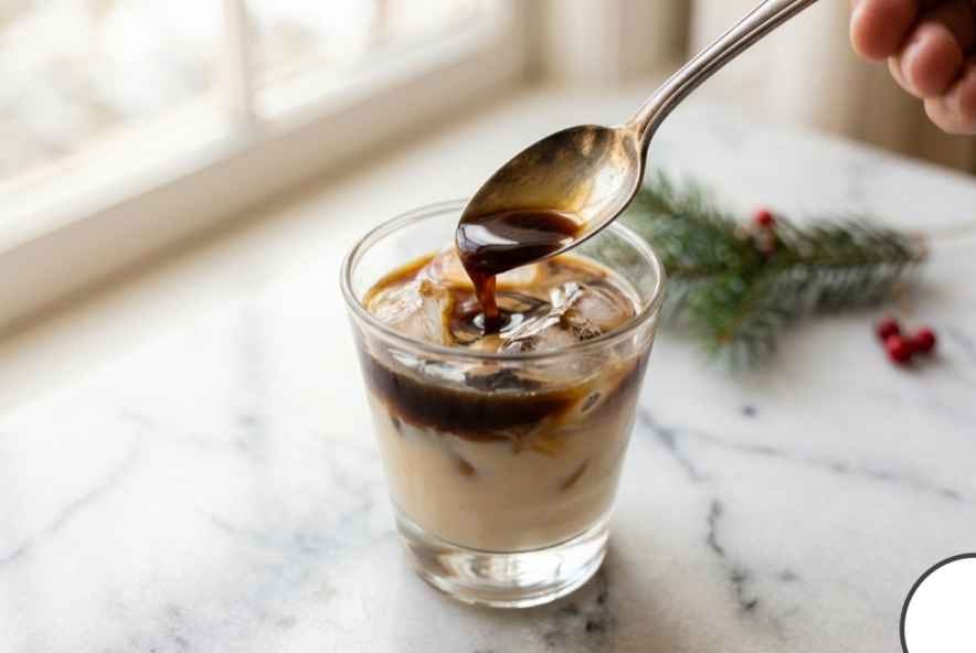 pouring espresso over spoon into homemade iced sugar cookie latte