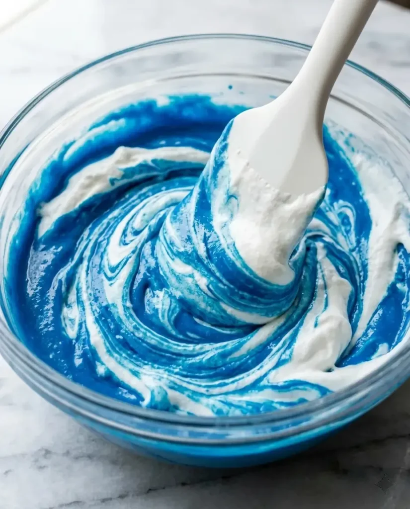 The Best Blue Raspberry Ice Cream Recipe (No Machine Needed) 8 Spatula folding whipped cream into a blue raspberry condensed milk base, showing a marbled blue and white swirl mid-fold
