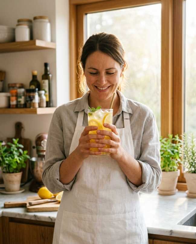 Panera Charged Lemonade Recipe: How I Finally Made a Safer, Better Version at Home 3 Food blogger and chef holding a glass of homemade Panera charged lemonade recipe in a bright kitchen with natural light