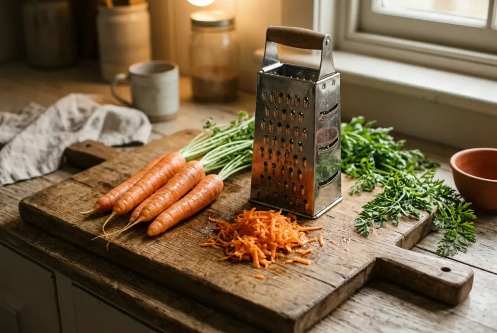 Lloyd Carrot Cake Recipe: Moist, Bakery-Style & Perfect Every Time 3 Freshly grated carrots on a wooden cutting board next to a box grater, prepped for homemade carrot cake recipe from scratch
