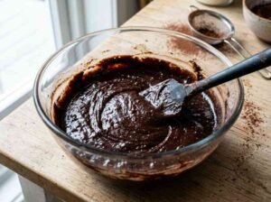 Thick, glossy, fudgy chocolate brownie batter folded in a mixing bowl, ready for the pan