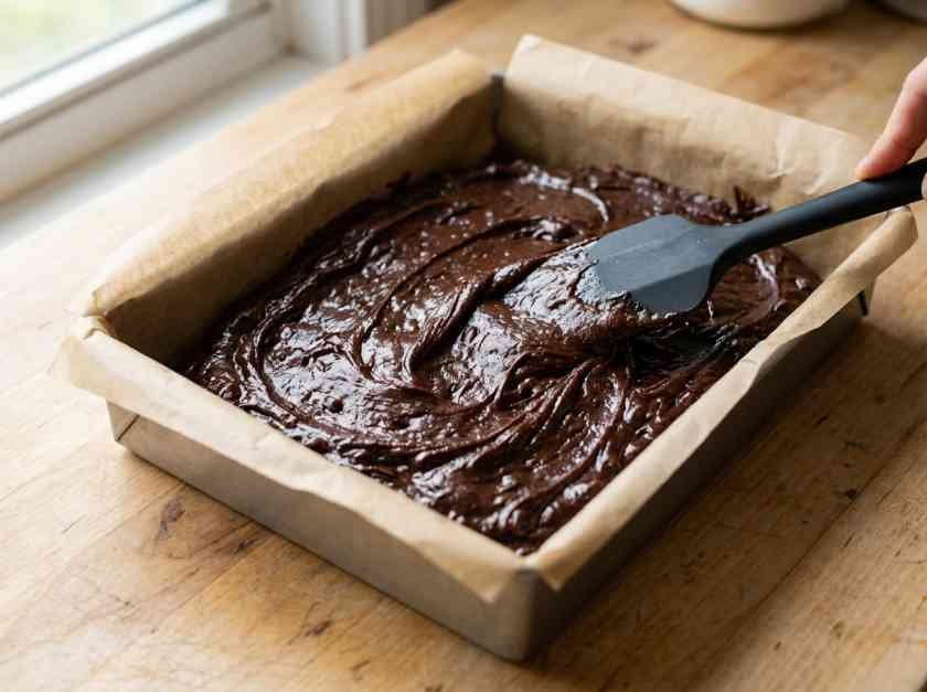 Thick fudgy chocolate brownie batter being spread into a parchment-lined baking pan with a rubber spatula
