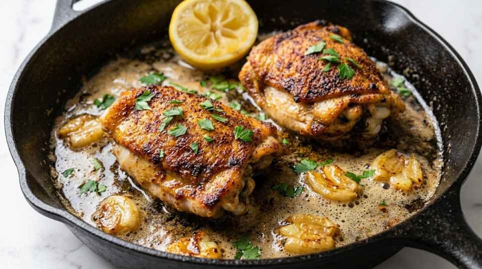 Pan Seared Chicken Thighs (Crispy Skin, Juicy Inside, One Skillet) 8 Garlic butter pan seared chicken thighs in cast iron skillet with foaming brown butter and smashed garlic cloves