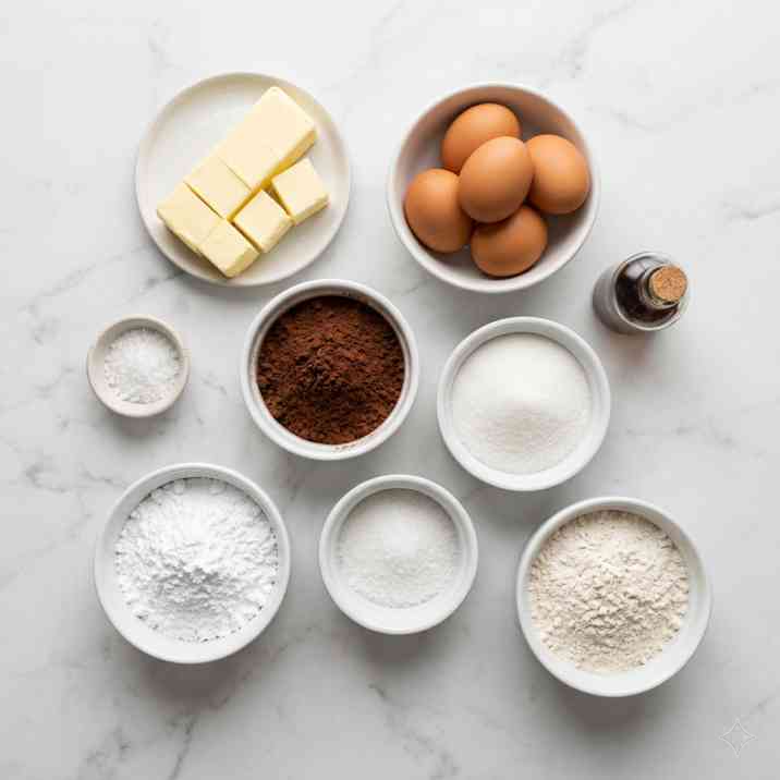 Ingredients for copycat Little Debbie brownies, including cocoa powder, butter, eggs, flour, and powdered sugar, on a white marble surface
