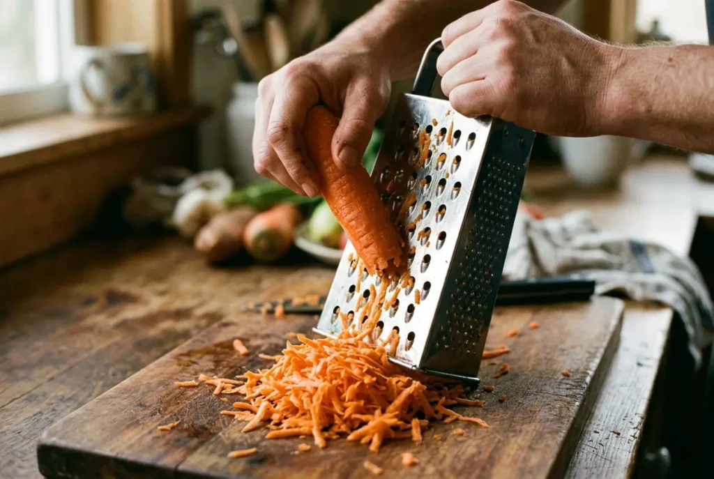 Lloyd Carrot Cake Recipe: Moist, Bakery-Style & Perfect Every Time 5 Hands grating fresh carrots on a box grater for a moist carrot cake recipe from scratch, with a pile of orange carrot shreds on a wooden board