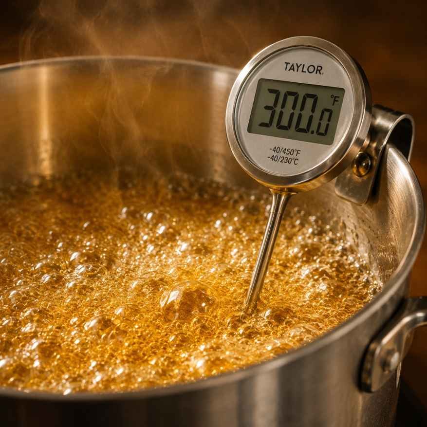 candy thermometer reading 300 degrees Fahrenheit at the hard crack stage