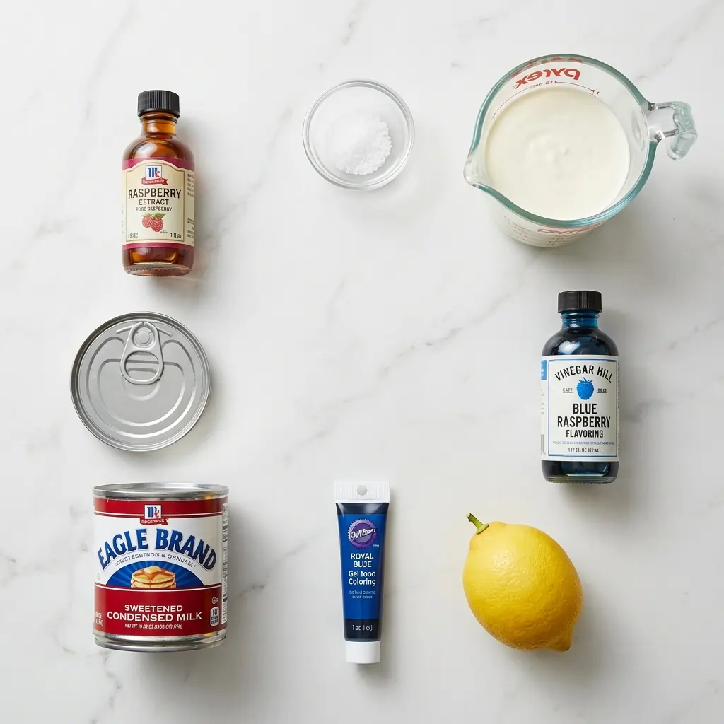 The Best Blue Raspberry Ice Cream Recipe (No Machine Needed) 4 Overhead flat-lay of all ingredients for homemade blue raspberry ice cream including heavy cream, condensed milk, raspberry extract and blue gel food coloring