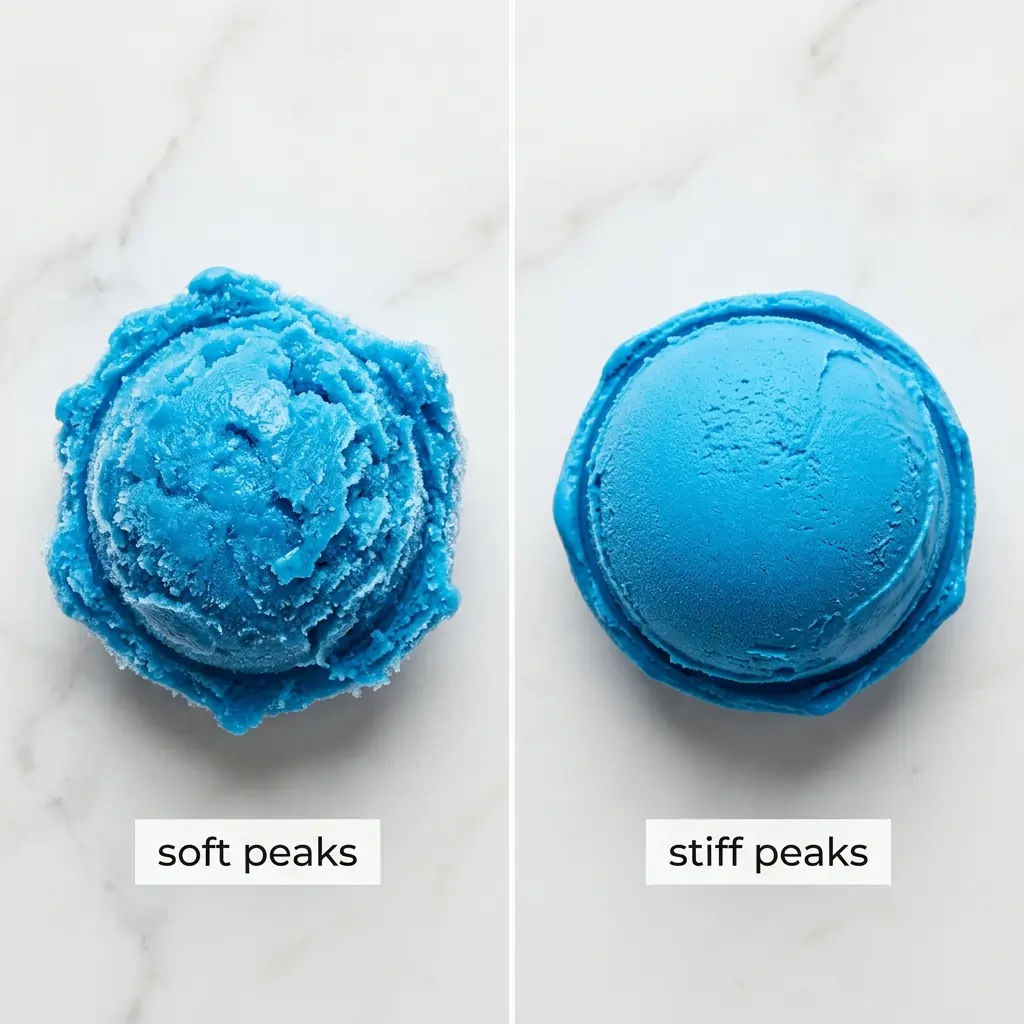 The Best Blue Raspberry Ice Cream Recipe (No Machine Needed) 10 Side by side comparison of homemade blue raspberry ice cream — left side icy and dense from under-whipped cream, right side creamy and scoopable from properly whipped cream