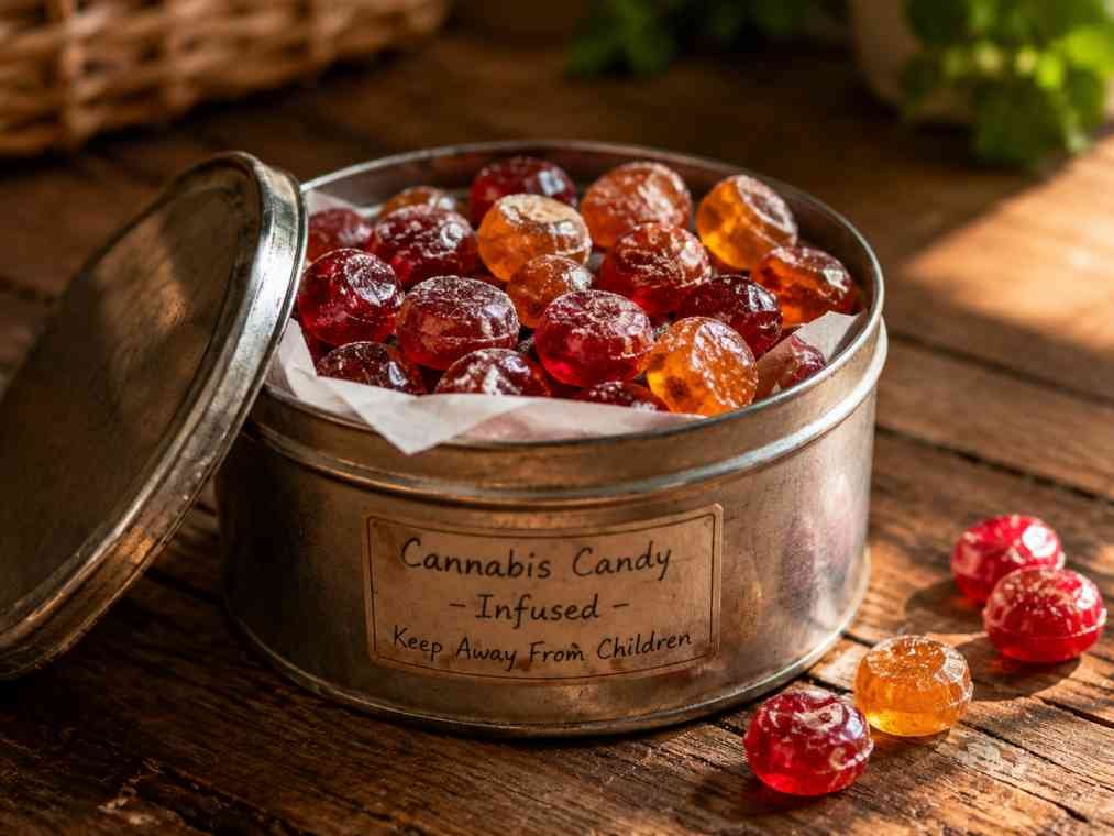 homemade cannabis hard candy stored in an airtight tin with a safety label"