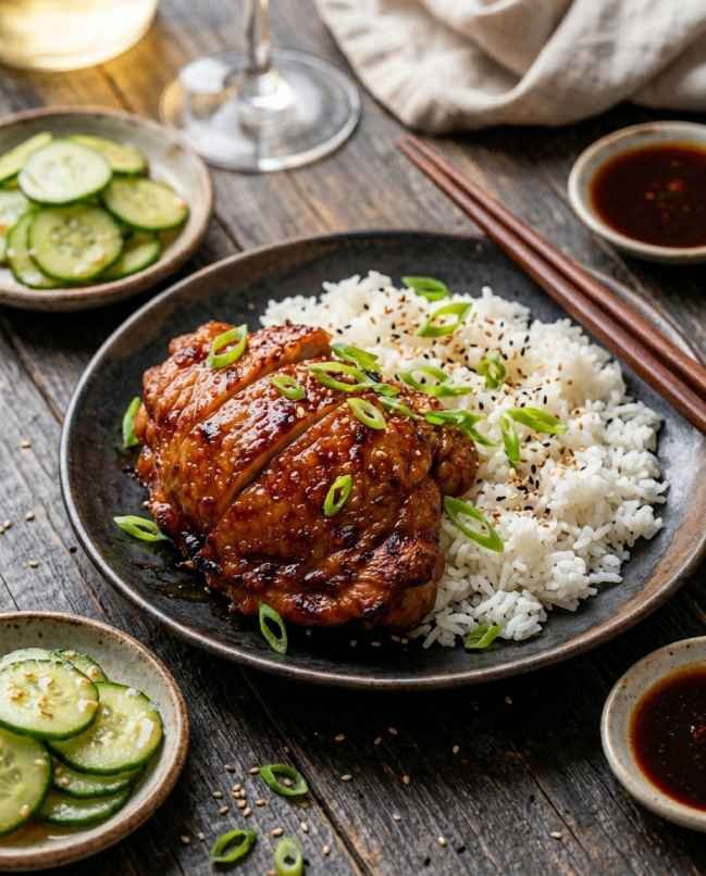 Homemade char siu chicken thighs sliced and plated over steamed jasmine rice with cucumber salad scallions and sesame seeds