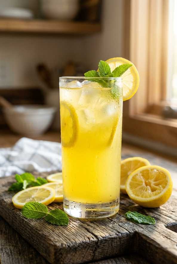 Panera Charged Lemonade Recipe: How I Finally Made a Safer, Better Version at Home 6 Close-up of a finished homemade charged lemonade in a tall glass with condensation, fresh lemon slices and mint on a wooden board