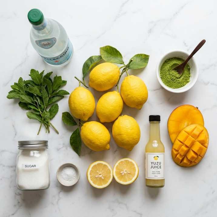 Panera Charged Lemonade Recipe: How I Finally Made a Safer, Better Version at Home 7 All ingredients for homemade Panera charged lemonade recipe laid out overhead including fresh lemons, yuzu juice, mango, mint, and matcha powder
