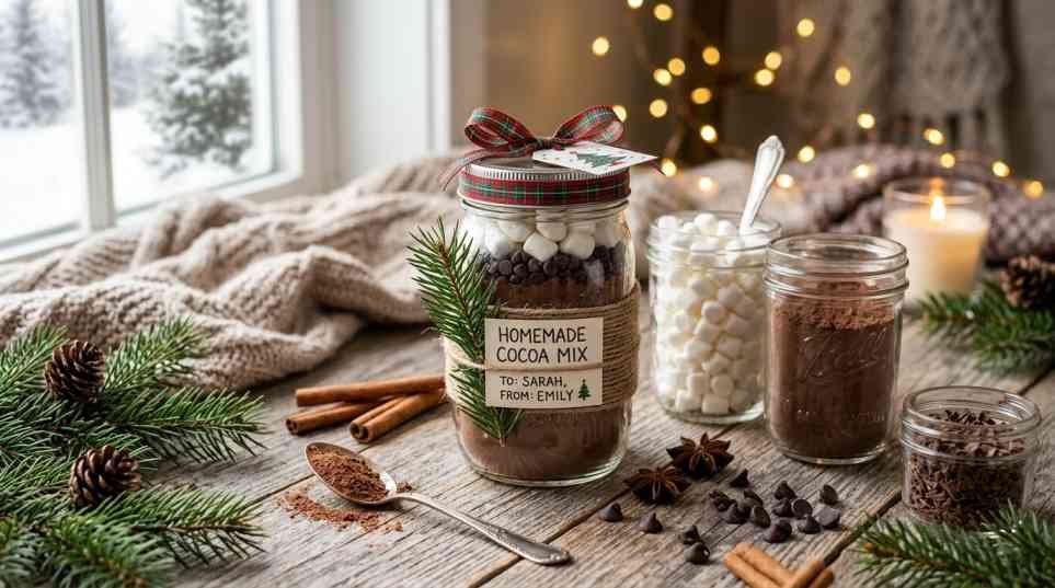 Homemade Hot Chocolate Powder (Better Than Store-Bought) 6 Homemade cocoa mix for gifts in mason jars with marshmallows and holiday decorations on a rustic table