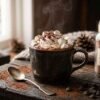 Creamy homemade hot chocolate with marshmallows beside a jar of homemade hot chocolate powder on a rustic wooden table