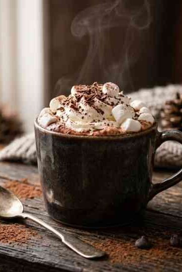 Creamy homemade hot chocolate with marshmallows beside a jar of homemade hot chocolate powder on a rustic wooden table