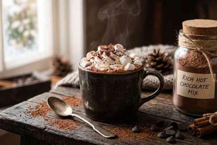 Creamy homemade hot chocolate with marshmallows beside a jar of homemade hot chocolate powder on a rustic wooden table