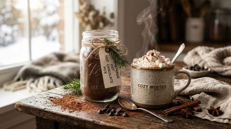 Homemade Hot Chocolate Powder (Better Than Store-Bought) 2 Creamy homemade hot chocolate with whipped cream beside a jar of homemade hot chocolate powder on a rustic wooden table