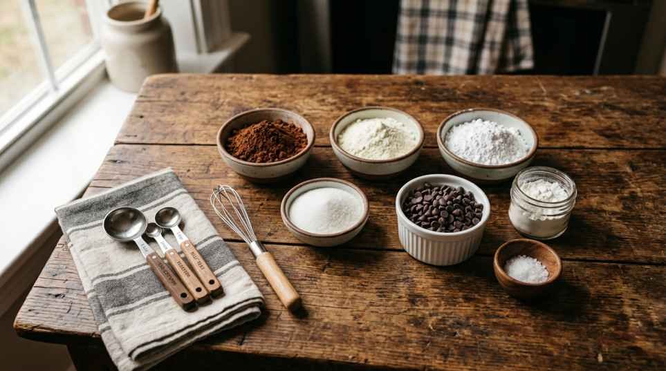 Homemade Hot Chocolate Powder (Better Than Store-Bought) 3 Ingredients for homemade hot chocolate powder, including cocoa powder, powdered milk, sugar, and chocolate chips, on a wooden table