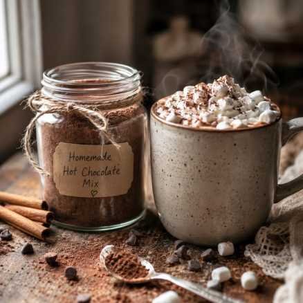 Homemade Hot Chocolate Powder (Better Than Store-Bought) 8 Creamy homemade hot chocolate powder in a glass jar with a mug of rich hot cocoa topped with whipped cream and marshmallows on a rustic wooden table