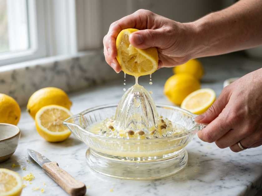 Panera Charged Lemonade Recipe: How I Finally Made a Safer, Better Version at Home 10 Hands squeezing a fresh halved lemon into a glass juicer to make homemade charged lemonade recipe from scratch