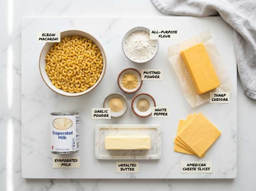 Ingredients for homemade Texas Roadhouse copycat mac and cheese including cheddar, American cheese, evaporated milk, and elbow pasta