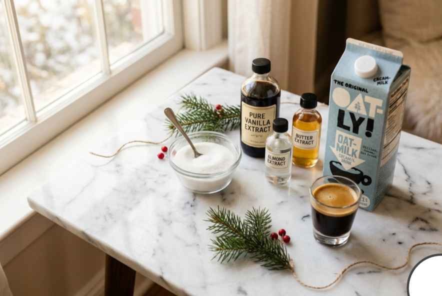 ingredients for homemade iced sugar cookie latte recipe including vanilla extract almond extract and oat milk
