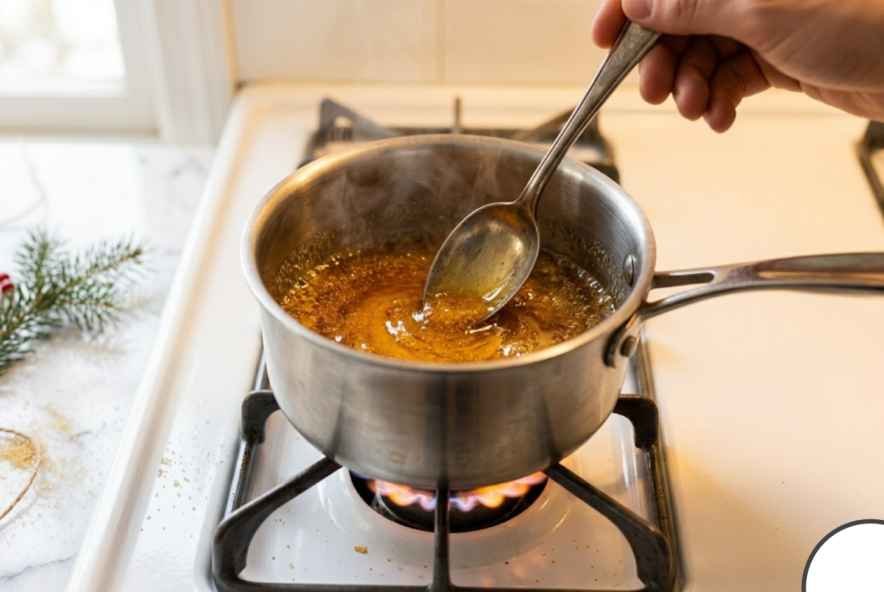 homemade sugar cookie latte syrup being stirred in saucepan