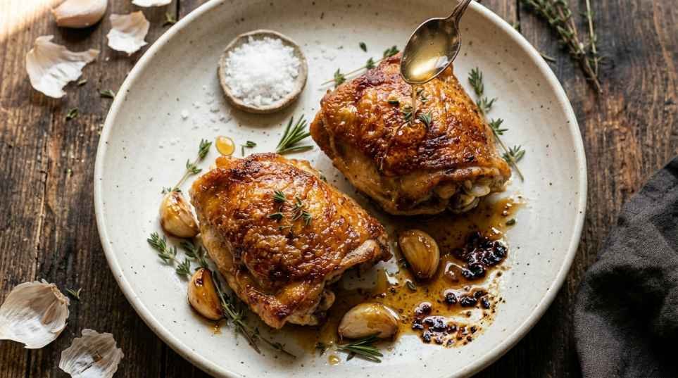 Pan Seared Chicken Thighs (Crispy Skin, Juicy Inside, One Skillet) 11 Honey garlic pan seared chicken thighs with caramelized glaze and whole garlic cloves in a cast iron skillet